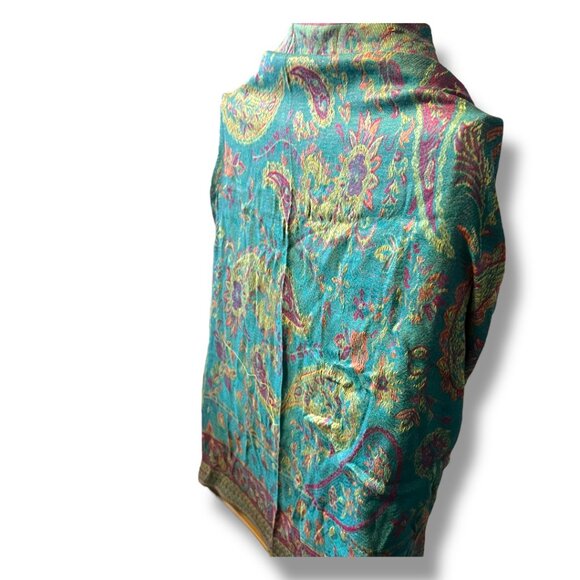 Pashmina Silk Blend Fringed Vibrant Aqua Fuchsia Paisley Scarf Shawl Wrap - Picture 9 of 11